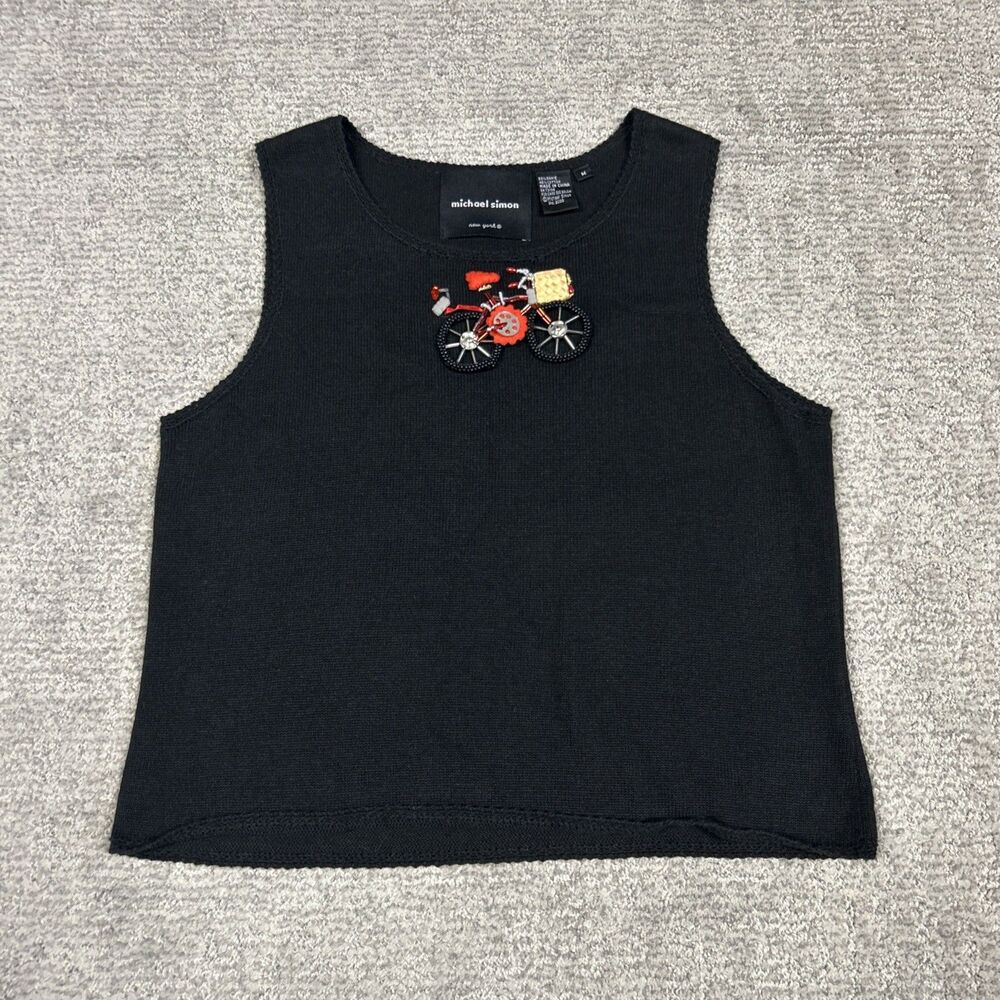 Michael Simon Sweater Vest Womens Medium Sleeveless Black Beaded Bicycle